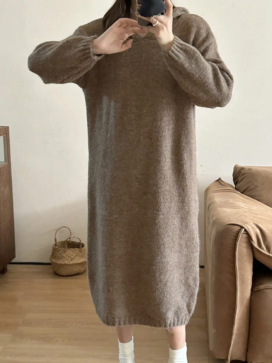 Solid Drop Shoulder Hooded Sweater Dress - Coffee Brown - View 1