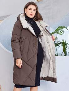 HaiLuoZi Plus Zip Up Hooded Padded Coat - Coffee Brown - View 6