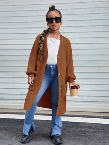 SHEIN 女大童落肩袖口袋貼布前紐扣開襟衫 - 駝色 - 查看 3