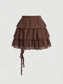 SHEIN MOD Solid Ruffle Trim Floral Decor Skirt - Brown - View 2