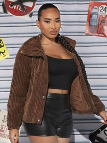 SHEIN SXY Áo khoác nhung có đệm kéo khóa - màu nâu - Xem 3