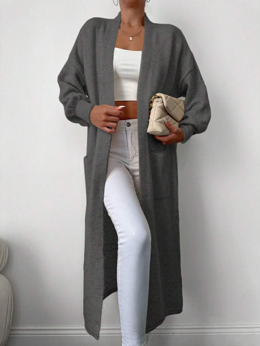 EURMUSE Dual Pocket Drop Shoulder Longline Duster Cardigan - Dark Grey - View 1
