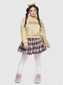 Jelsie Plus Size Teddy Drop Shoulder Drawstring Sweatshirt - Khaki - View 1