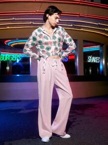 Manfinity Fever City Men Tropical Print Shirt & Drawstring Waist Pants - Pink - View 6