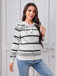 SHEIN LUNE 條紋印花抽繩連帽衫 - 黑與白 - 查看 4