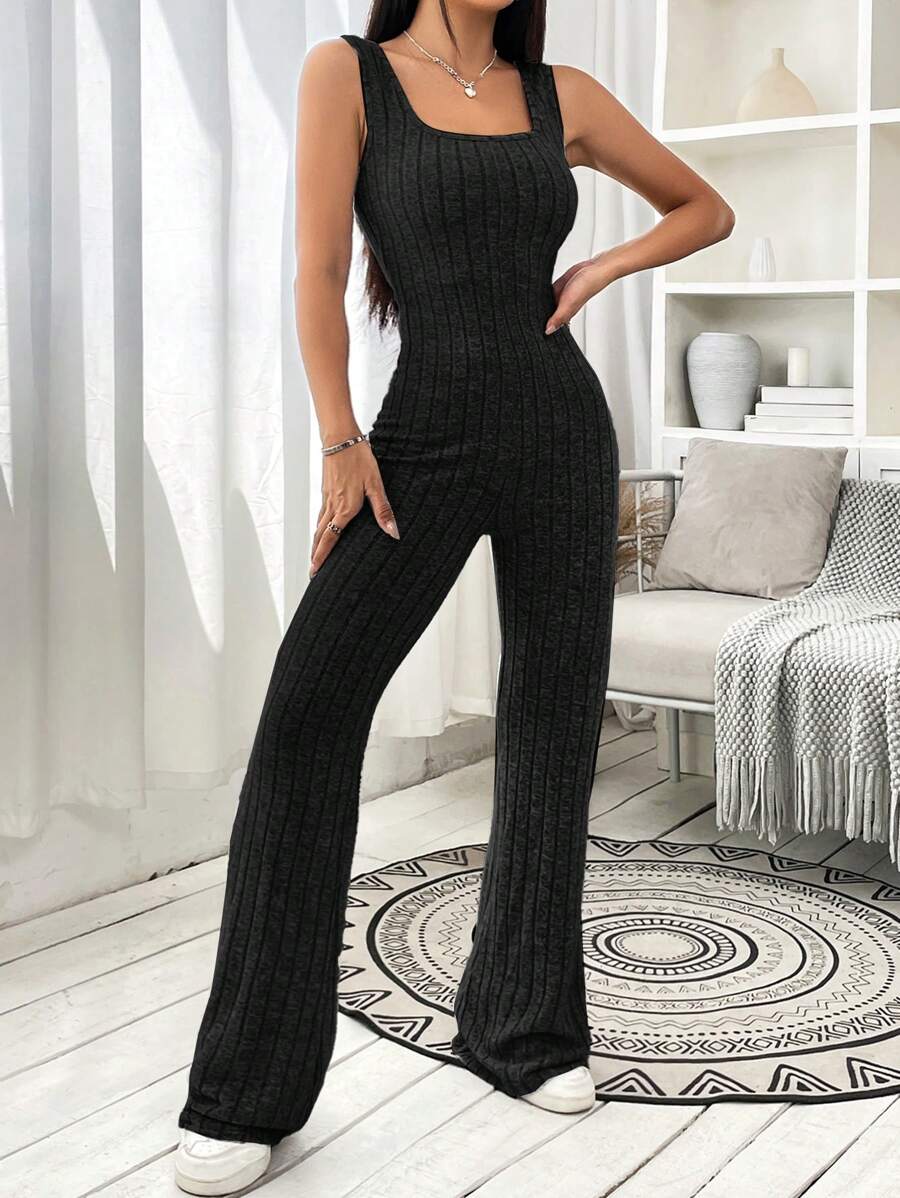 SHEIN EZwear Spring Black Y2k Solid Ribbed Knit Flare Leg Jumpsuit - Black - View 1