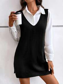 女士纯色 V 领简约日常侧开衩无袖针织毛衣连衣裙