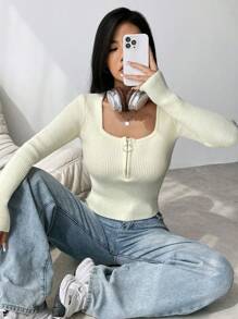 SHEIN Unity 半拉鏈大圓領條紋針織套頭毛衣 - 米色 - 查看 1