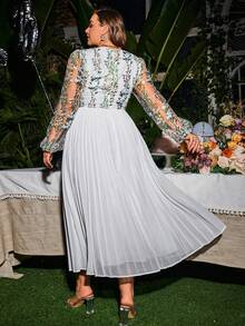 Simplee Plus Floral Embroidery Mesh Overlay Sweetheart Neck Lantern Sleeve Prom Dress - White - View 2