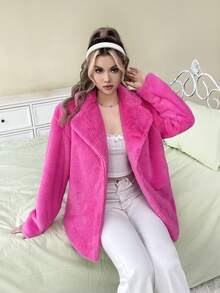 SHEIN EZwear Lapel Neck Open Front Fuzzy Coat - Hot Pink - View 5