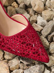 红色水钻婚鞋，方头高跟鞋，女士包头后跟带凉鞋，春夏凉鞋，优雅，女士浅口鞋，派对装扮，尖头高跟鞋 - 紅色 - 查看 4