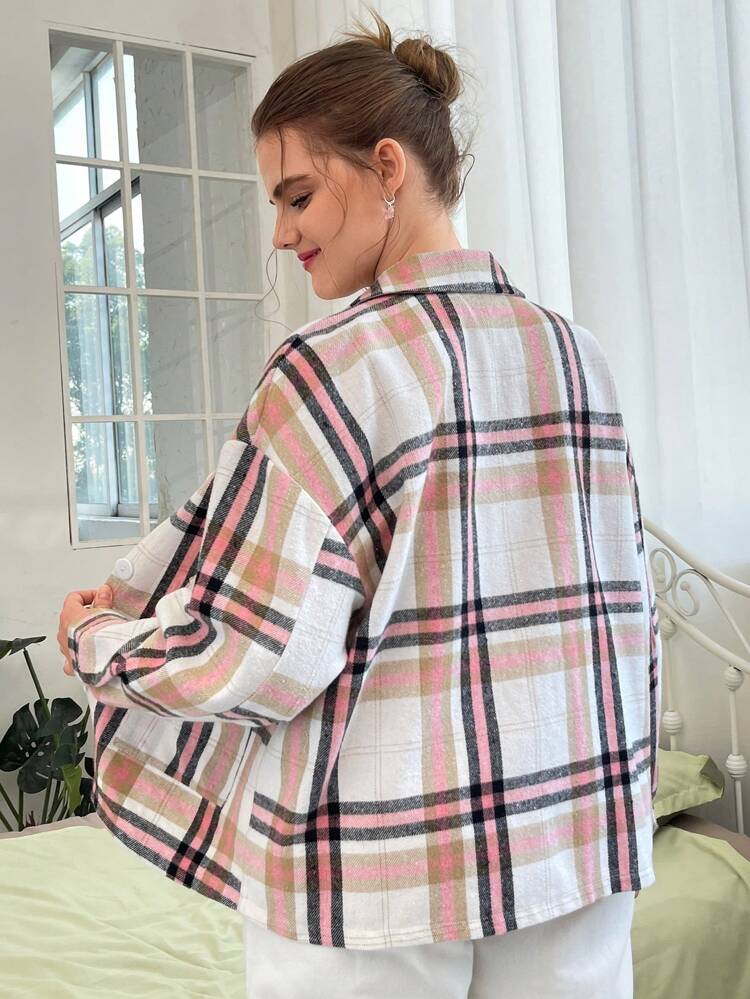 Plus Plaid Print Drop Shoulder Overcoat