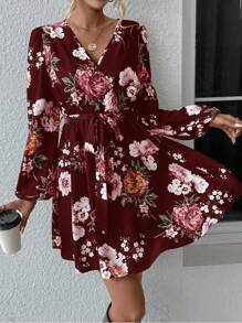 SHEIN Clasi In hoa Tay áo lồng đèn Váy có thắt lưng - Màu Đỏ Sâu - Xem 5