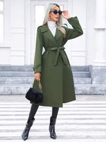 SHEIN Privé 女士們翻領雙排釦腰帶風衣外套 - 綠色 - 查看 1