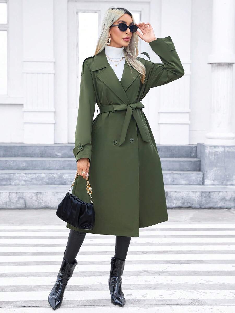 SHEIN Privé 女士們翻領雙排釦腰帶風衣外套 - 綠色 - 查看 1