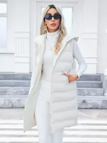 SHEIN Privé Zipper Drawstring Hooded Thickened Vest Jacket, Fall And Winter,Business Casual,Elegant,Camel,Long Sleeve - Apricot - View 4