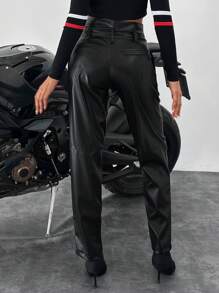 EURMUSE Belted PU Leather Pants - Black - View 4