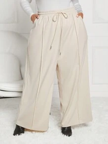 SHEIN CURVE+ Kích thước lớn Của phụ nữ Dây rút Rộng chân Quần - Màu Khaki - Xem 4