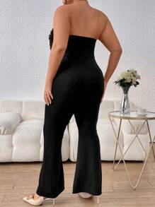 SHEIN Privé 大碼毛茸邊下擺開叉抹胸連體褲 - 黑色 - 查看 3