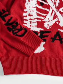 SHEIN EZwear 大碼骷髏&字母圖案套頭毛衣 - 酒紅色 - 查看 3