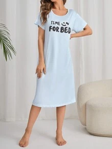 熊貓和標語圖案睡裙 - 淺藍色 - 查看 1