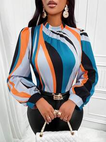 SHEIN Slayr 撞色小高領燈籠袖襯衫 - 水鴨藍 - 查看 6