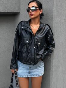 EURMUSE Flap Pocket Drop Shoulder PU Leather Jacket - Black - View 5