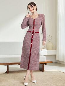 Modelyn Đầm dạ hội dài cài nút phía trước viền tương phản - Nhiều màu - Xem 3