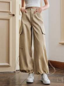 Anewsta Drawstring Wide Leg Cargo Pants - Khaki - View 3