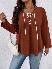 SHEIN LUNE 大码系带前襟插肩袖卫衣 - 亮橙色 - 查看 4