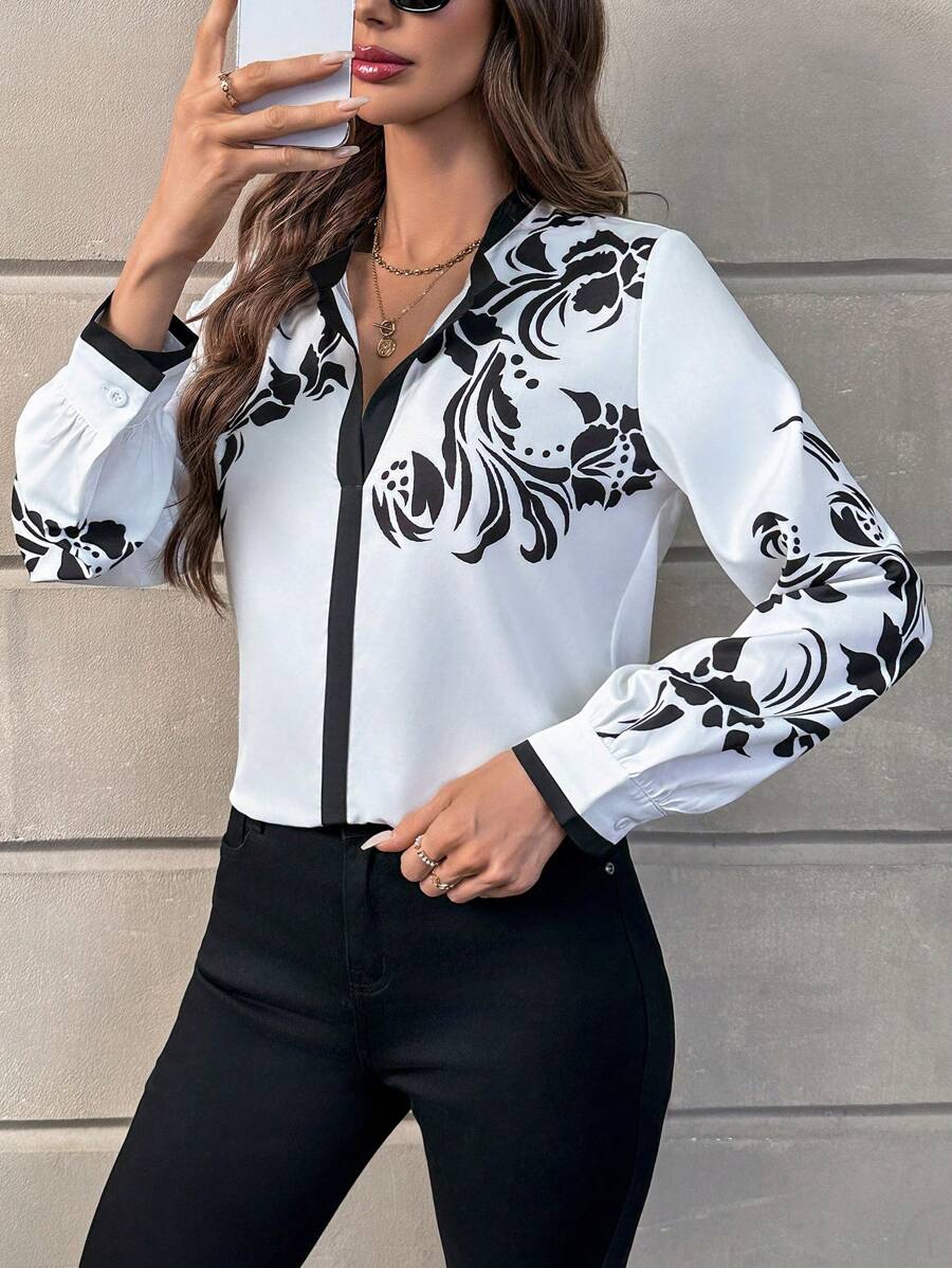 SHEIN Clasi Floral Print Contrast Trim Shirt - Black and White - View 1