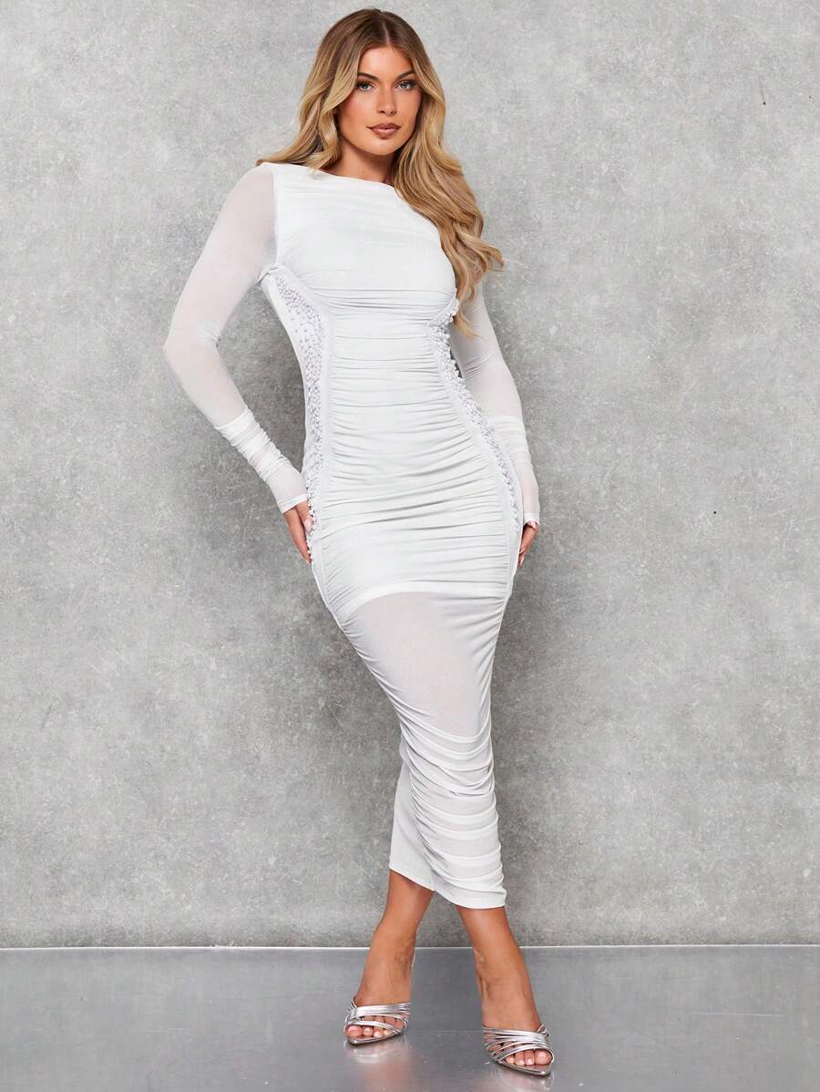 SHEIN BAE 素色褶邊網紗緊身洋裝 - 白色 - 查看 1