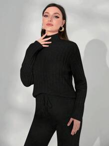 Mulvari Mock Neck Sweater & Drawstring Waist Knit Pants - Black - View 5