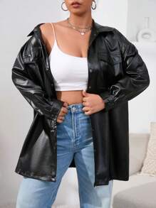 SHEIN EZwear Plus Flap Pocket Drop Shoulder PU Leather Coat - Black - View 3