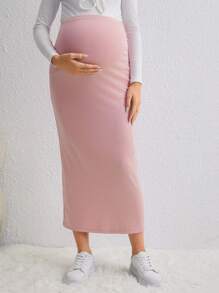 SHEIN 孕婦可調節腰圍羅紋針織鉛筆裙 - 粉色 - 查看 1