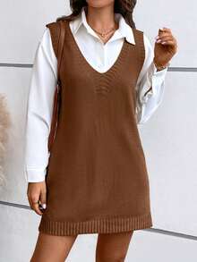 女士 V 领纯色简约日常侧开衩无袖针织连衣裙 - 棕色 - 查看 3