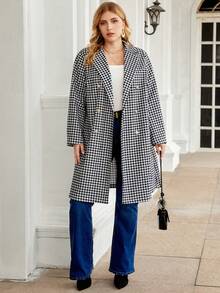 SHEIN Franclia Hơn In Houndstooth Đôi ngực Áo khoác - Đen và trắng - Xem 6