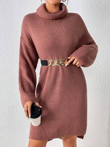 SHEIN Essnce Áo cao cổ Thả vai Viền chia cắt Đầm Áo len Không có thắt lưng - Cà phê nâu - Xem 3