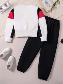 SHEIN 女大童刺繡字母圖案撞色運動衫&拼接側邊接縫衛褲 - 白色 - 查看 2