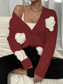 SHEIN Unity Hoa âm thanh nổi Thả vai Nút phía trước Áo len Mở - Màu Đỏ Sâu - Xem 5