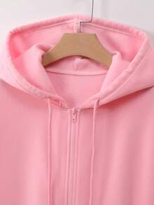 SHEIN Unity 拉鏈開襟落肩袖抽繩加絨內裏連帽衫 - 粉色 - 查看 6