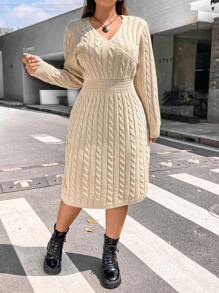 Flirla 大碼麻花編織交疊領毛衣洋裝 - 米色 - 查看 3