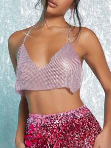 SHEIN BAE Chain Detail Backless Crop Metallic Halter Top - Pink - View 1