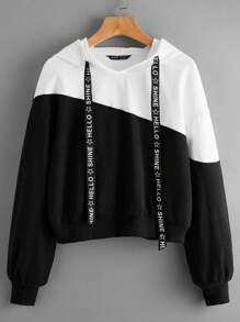 SHEIN EZwear Two Tone Letter Tape Drawstring Hoodie - Black - View 1