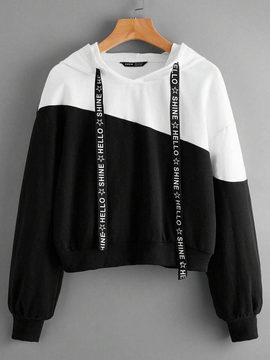 SHEIN EZwear Two Tone Letter Tape Drawstring Hoodie - Black - View 1