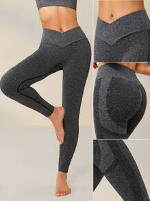 SHEIN Sports Wide Waistband Sports Leggings - Grey - View 5