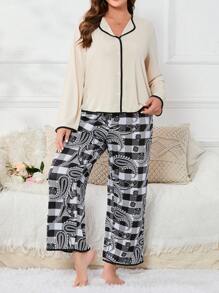 Plus Paisley And Plaid Print Contrast Binding PJ Set / Pajama Set - Multicolor - View 1