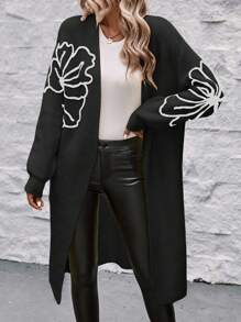 SHEIN Essnce 1入組花卉圖案落肩袖開襟開衫 - 黑色 - 查看 4