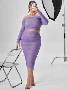 SHEIN Privé Dantelli Sade Artı Beden Co-Ord - Mor - Görünüm 6