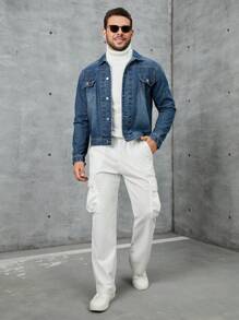 SHEIN Manfinity Homme 男裝水洗牛仔夾克 - 中等水洗藍 - 查看 3